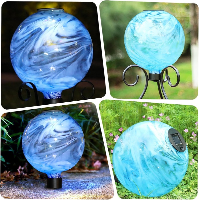 VCUTEKA Solar Gazing Ball, Glass Gazing Balls Sphere with Solar Light for Garden Lawn Outdoor Ornament Yard Decorative, White Swirl, 10" - Image 4